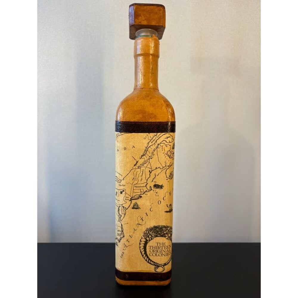 Italian Leather Decanter Tall Slim Map Panel Wax Seal Design Bottle